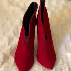 Red suede heel scalloped bootie